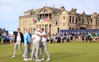 Liam Nolan of Great Britain and Ireland celebrates winning on the 18th green during the singles on day one of the Walker Cup at St Andrews